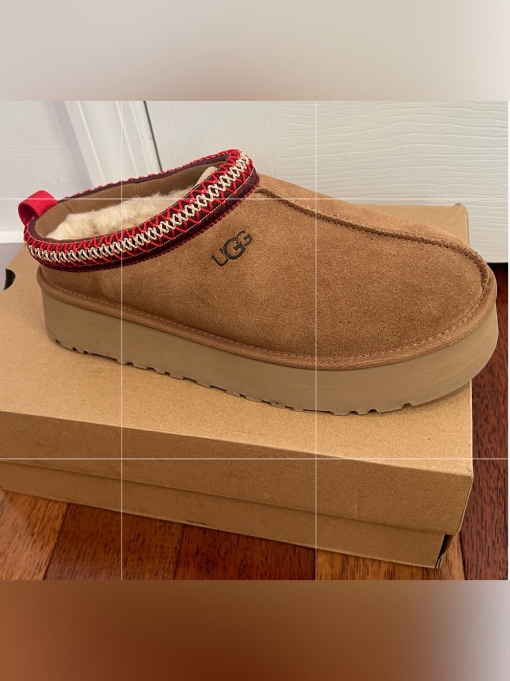 UGG Chestnut Suede Slip-On with Red Trim